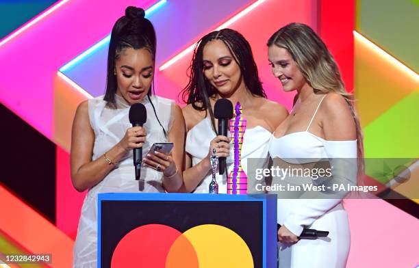 Little Mix accept the award for Best British Group during the Brit Awards 2021 at the O2 Arena, London. Picture date: Tuesday May 11, 2021.