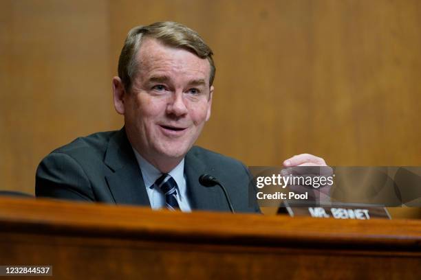 Sen. Michael Bennet, asks a question of U.S. Trade Representative Katherine C. Tai as she testifies before the Senate Finance Committee on Capitol...