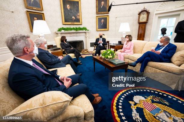 House Minority Leader Kevin McCarthy, Senate Minority Leader Mitch McConnell, Vice President Kamala Harris, President Joe Biden, Speaker of the House...