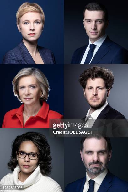 This combination of pictures created on May 12, 2021 shows candidates for the June 2021 regional elections in Ile-de-France during photo sessions in...