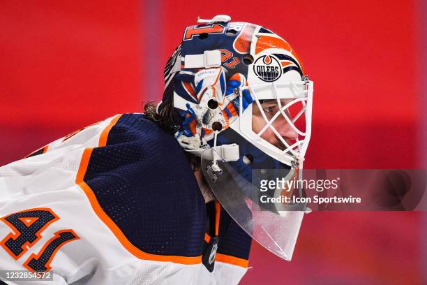 Look on Edmonton Oilers goalie Mike Smith during the Edmonton Oilers versus the Montreal Canadiens game on May 12 at Bell Centre in Montreal, QC