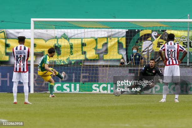 Willem II goalkeeper Aro Muric, manages to stop the penalty kick from Nasser El Khayati or ADO Den Haag during the Dutch Eredivisie match between ADO...