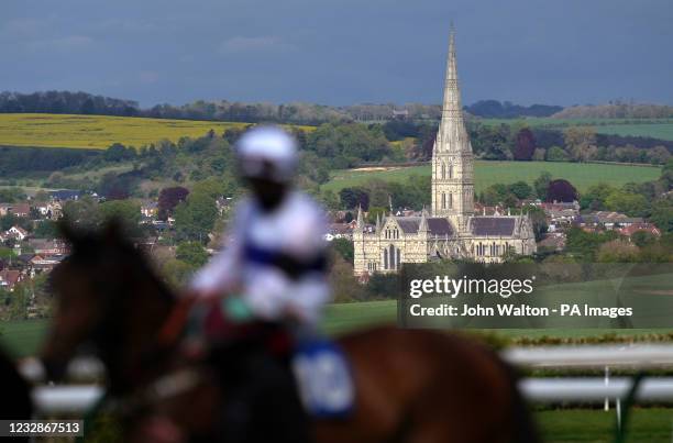 Salisbury cathedral in the background as the runners and riders take their places in the stalls for the AJN Steelstock Rapid Processing Handicap at...