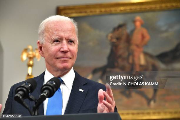 President Joe Biden speaks about the Colonial Pipeline cyber attack, in the Roosevelt Room of the White House in Washington, DC, on May 13, 2021. -...