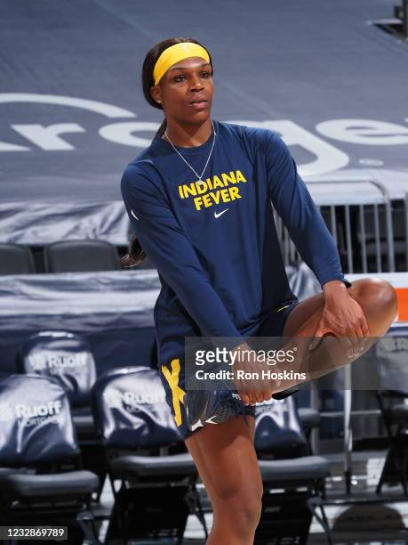 Teaira McCowan of the Indiana Fever warms up before the game against the Chicago Sky at Bankers Life Fieldhouse on May 3, 2021 in Indianapolis,...