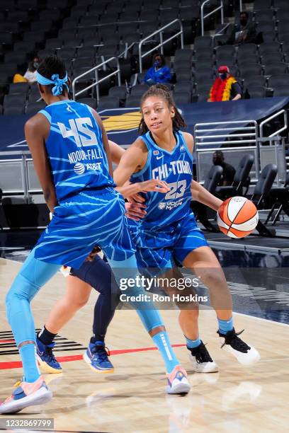 Alexis Prince of the Chicago Sky moves the ball against the Indiana Fever at Bankers Life Fieldhouse on May 3, 2021 in Indianapolis, Indiana. NOTE TO...