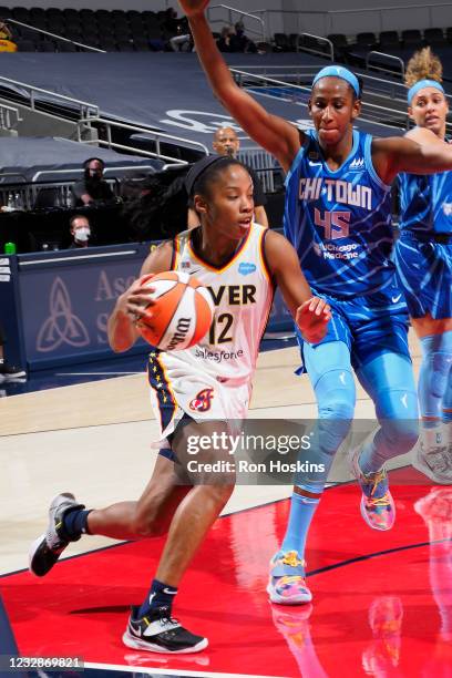 Lindsay Allen of the Indiana Fever drives to the basket against the Chicago Sky at Bankers Life Fieldhouse on May 3, 2021 in Indianapolis, Indiana....