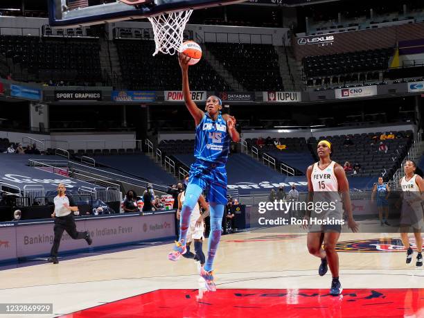 Astou Ndour-Fall of the Chicago Sky drives to the basket against the Indiana Fever at Bankers Life Fieldhouse on May 3, 2021 in Indianapolis,...