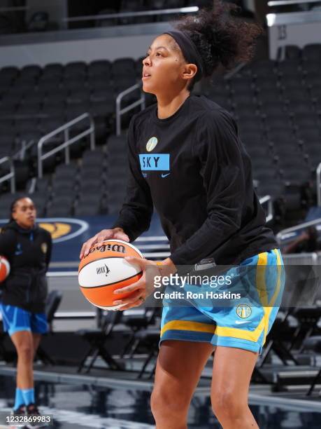 Candace Parker of the Chicago Sky warms up before the game against the Indiana Fever at Bankers Life Fieldhouse on May 3, 2021 in Indianapolis,...
