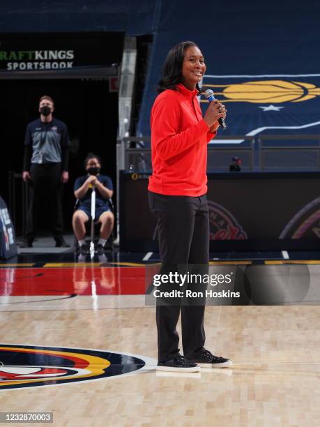 Tamika Catching of the Indiana Fever speaks to the fans at Bankers Life Fieldhouse on May 3, 2021 in Indianapolis, Indiana. NOTE TO USER: User...