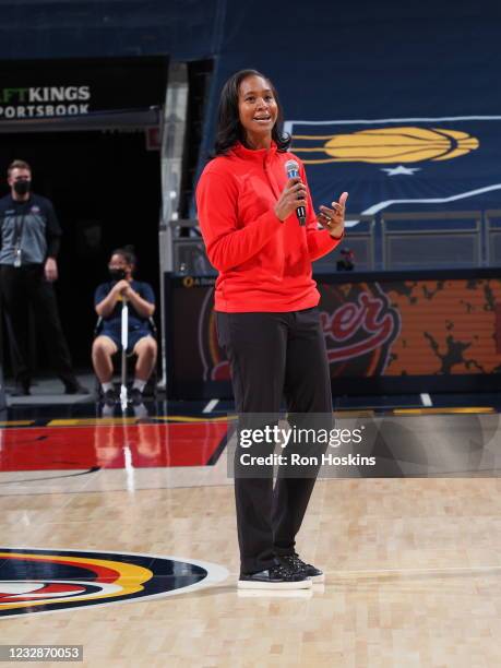 Tamika Catching of the Indiana Fever speaks to the fans at Bankers Life Fieldhouse on May 3, 2021 in Indianapolis, Indiana. NOTE TO USER: User...