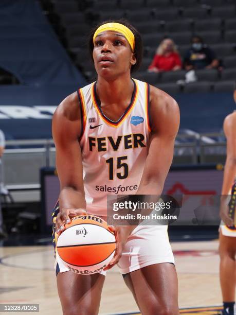 Teaira McCowan of the Indiana Fever shoots a free throw against the Chicago Sky at Bankers Life Fieldhouse on May 3, 2021 in Indianapolis, Indiana....
