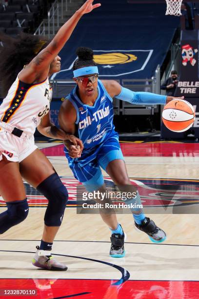 Diamond DeShields of the Chicago Sky moves the ball against the Indiana Fever at Bankers Life Fieldhouse on May 3, 2021 in Indianapolis, Indiana....