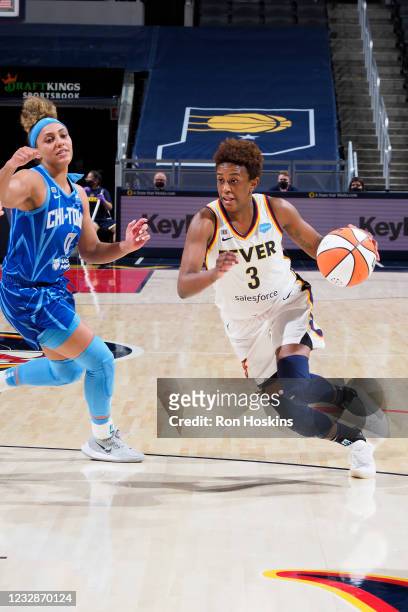 Danielle Robinson of the Indiana Fever handles the ball against the Chicago Sky at Bankers Life Fieldhouse on May 3, 2021 in Indianapolis, Indiana....