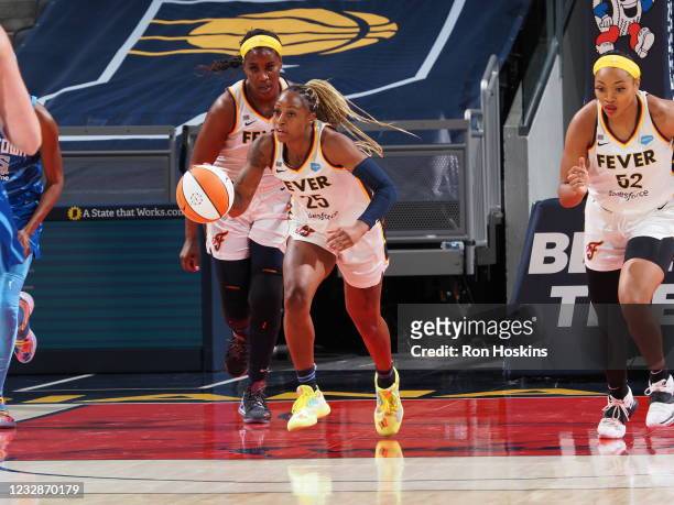 Tiffany Mitchell of the Indiana Fever handles the ball against the Chicago Sky at Bankers Life Fieldhouse on May 3, 2021 in Indianapolis, Indiana....