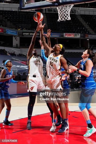 Teaira McCowan of the Indiana Fever grabs the rebound against the Chicago Sky at Bankers Life Fieldhouse on May 3, 2021 in Indianapolis, Indiana....