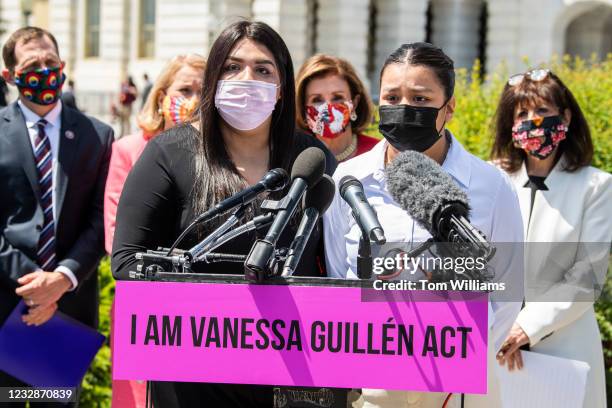 The sisters Vanessa Guillen, Lupe, right, and Mayra, speak during a news conference outside the Capitol to reintroduce the I Am Vanessa Guillen Act,...