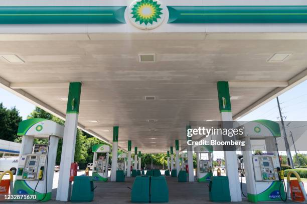 Closed pumps at an empty BP Plc gas station in Kennesaw, Georgia, U.S., on Thursday, May 13, 2021. Five days after a criminal hack shut down...