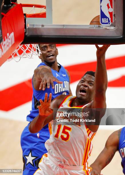 Clint Capela of the Atlanta Hawks goes up for a shot during the second half against the Orlando Magic at State Farm Arena on May 13, 2021 in Atlanta,...