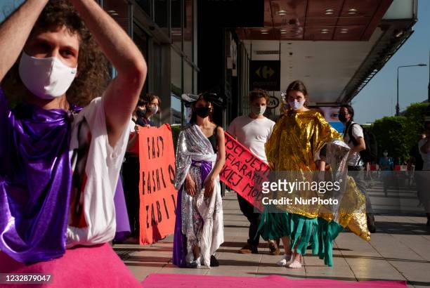 Climate activists gathered in front of one of Warsaw city center's shopping malls in a protest against ''fast fashion'' - rapidly changing trends,...