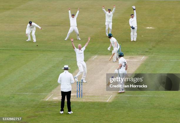 Chris Rushworth of Durham claims the wicket of Jack Haynes during day two of the LV Insurance County Championship match between Durham and...