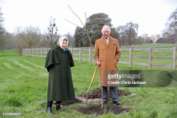 In this handout image released on May 17 Queen Elizabeth II and The Prince of Wales pose with the first Jubilee tree in the grounds of Windsor Castle...