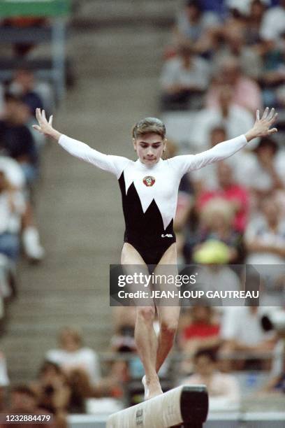 Oksana Chusovitina from Uzbekistan competes in the qualifying for the women's Beam event of the Artistic Gymnastics during the Barcelona 1992 Olympic...