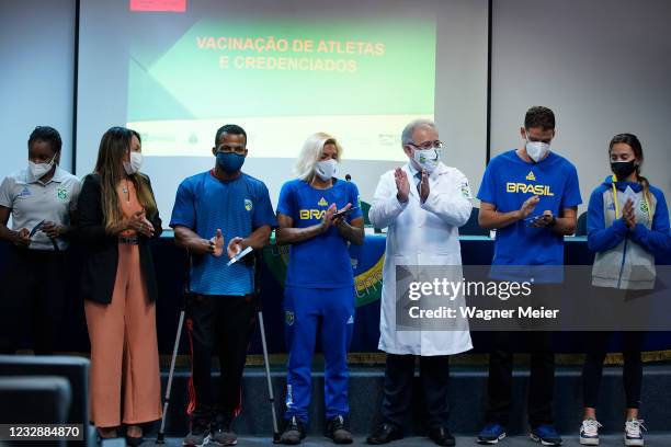 Brazilian athletes Rosângela Santos , Michel Pessanha , Ana Marcela Cunha , Marcus Vinícius D Almeida and Larissa de Oliveira pose for a photo with...