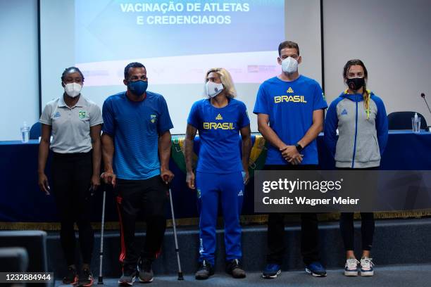 Brazilian athletes Rosângela Santos, Michel Pessanha, Ana Marcela Cunha, Marcus Vinícius D Almeida and Larissa de Oliveira pose for a photo after...