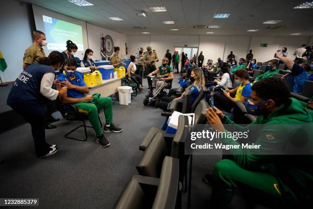 Brazilian athletes receives the first dose of Pfizer vaccine as part of the anti COVID-19 vaccination of Brazilian athletes who will participate in...