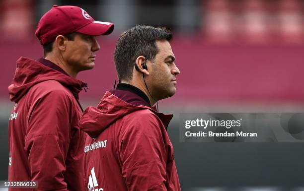 Limerick , Ireland - 14 May 2021; Munster head coach Johann van Graan, right, and senior coach Stephen Larkham before the Guinness PRO14 Rainbow Cup...