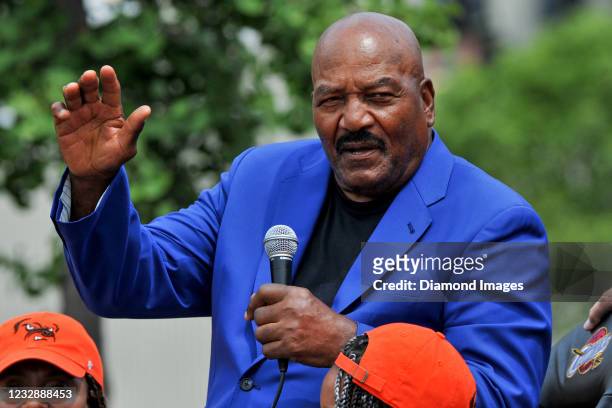 Former Cleveland Browns player Jim Brown speaks to the crowd during the Cleveland Cavaliers 2016 championship victory parade on June 22, 2016 in...