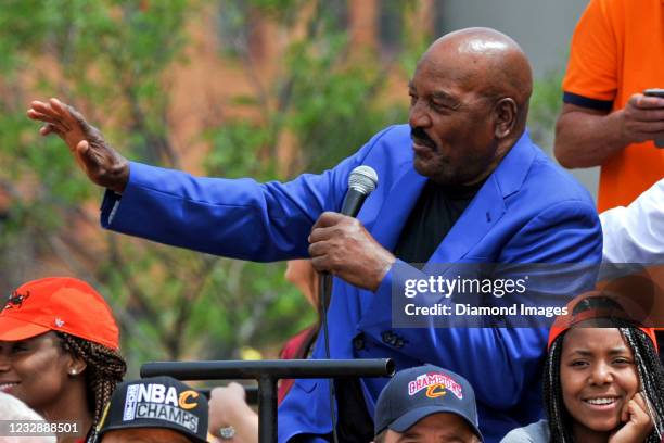 Former Cleveland Browns player Jim Brown speaks to the crowd during the Cleveland Cavaliers 2016 championship victory parade on June 22, 2016 in...