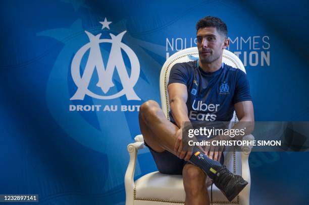 Marseille's Spanish defender Alvaro Gonzalez answers AFP journalist at "La Commanderie", the training camp of Olympique de Marseille football club,...
