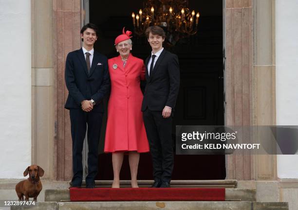 Queen Margrethe of Denmark , Prince Nikolai and Prince Felix arrive for Prince Christian's private confirmation ceremony at Fredensborg Castle Church...