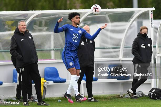 Josh Brooking of Chelsea gathers the ball during the U18 Premier League match between Chelsea and Fulham at Chelsea Training Ground on May 15, 2021...