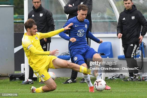 Harvey Vale of Chelsea takes a tumble during the U18 Premier League match between Chelsea and Fulham at Chelsea Training Ground on May 15, 2021 in...