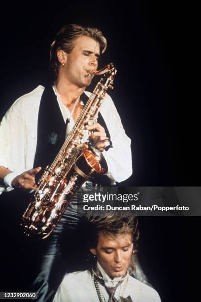 Steve Norman and Martin Kemp of Spandau Ballet performing on stage during their 'Parade' tour at Wembley Arena in London, England on December 8th,...