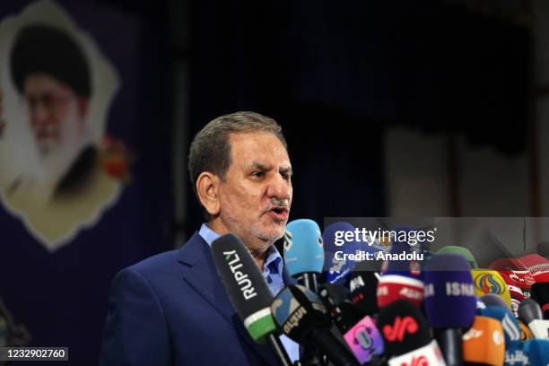 Iranâs Vice-President Eshaq Jahangiri speaks to media after registering his candidacy for Iran's presidential elections, at the Interior Ministry in...