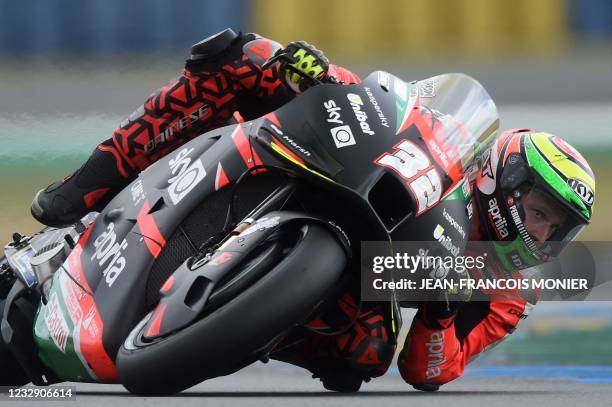 Aprilla racing Team Gresini Italian rider Lorenzo Savadori steers his motorbike, during the Q2 qualifying session of the MotoGP, ahead of the French...