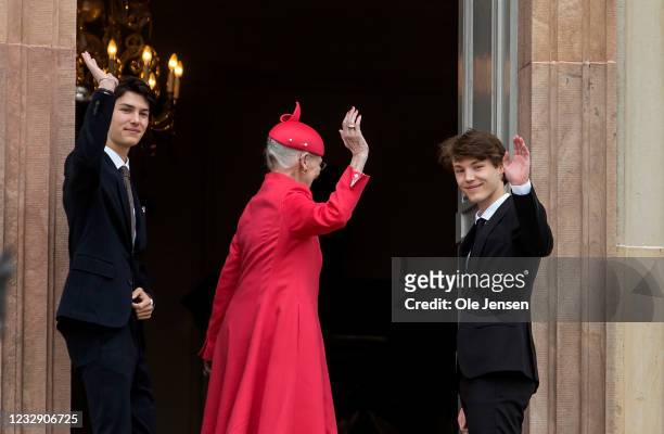 Queen Margrethe of Denmark at the main entrance to Frederiksborg Palace where she welcomes her grandchildren, Prince Felix and Prince Nikolaj, on the...
