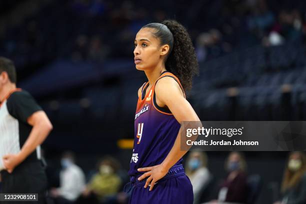 Skylar Diggins-Smith of the Phoenix Mercury looks on during the game against the Minnesota Lynx on May 14, 2021 at Target Center in Minneapolis,...