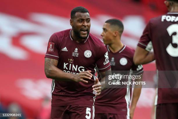 Leicester City's English-born Jamaican defender Wes Morgan gestures during the English FA Cup final football match between Chelsea and Leicester City...