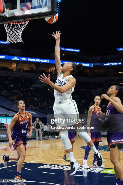 Aerial Powers of the Minnesota Lynx drives to the basket against the Phoenix Mercury on May 14, 2021 at Target Center in Minneapolis, Minnesota. NOTE...