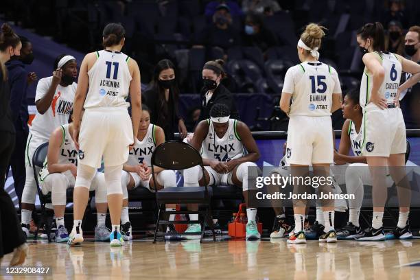 The Minnesota Lynx team during a time out against the Phoenix Mercury on May 14, 2021 at Target Center in Minneapolis, Minnesota. NOTE TO USER: User...