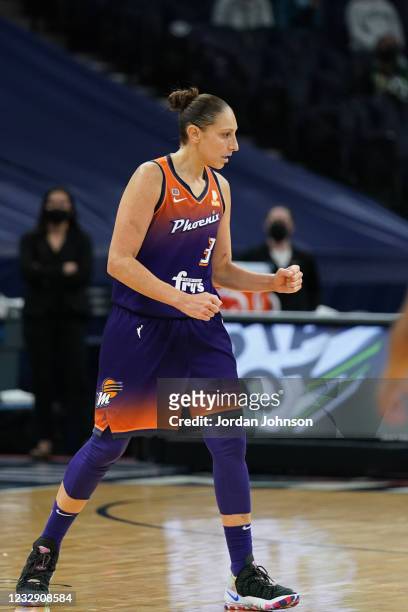 Diana Taurasi of the Phoenix Mercury celebrates during the game against the Minnesota Lynx on May 14, 2021 at Target Center in Minneapolis,...