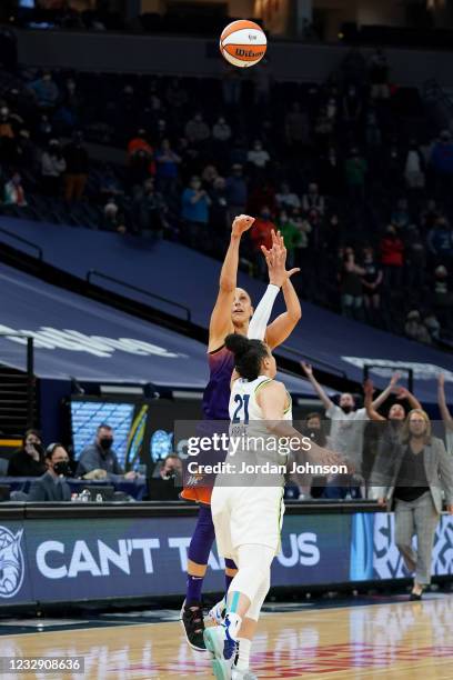 Diana Taurasi of the Phoenix Mercury shoots a three pointer against the Minnesota Lynx on May 14, 2021 at Target Center in Minneapolis, Minnesota....