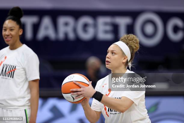 Rachel Banham of the Minnesota Lynx warms up before the game against the Phoenix Mercury on May 14, 2021 at Target Center in Minneapolis, Minnesota....