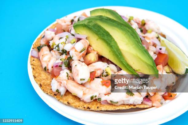 Shrimp ceviche tostada from Playita Mariscos for the Spring Dining Guide on Tuesday, April 27, 2021 in Los Angeles, CA.