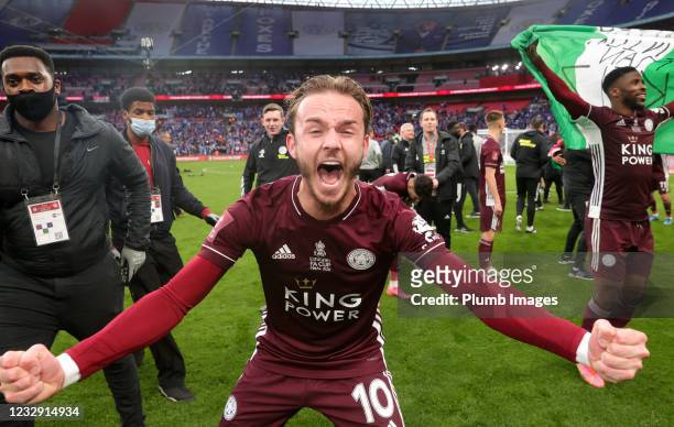 James Maddison of Leicester City celebrates after winning The Emirates FA Cup Final match between Chelsea and Leicester City at Wembley Stadium on...